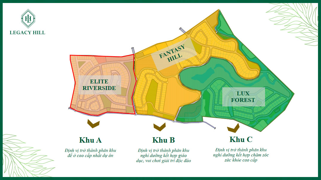 Bản đồ tổng thể chia ra làm 3 phân khu dự án Legacy Hill Hòa Bình